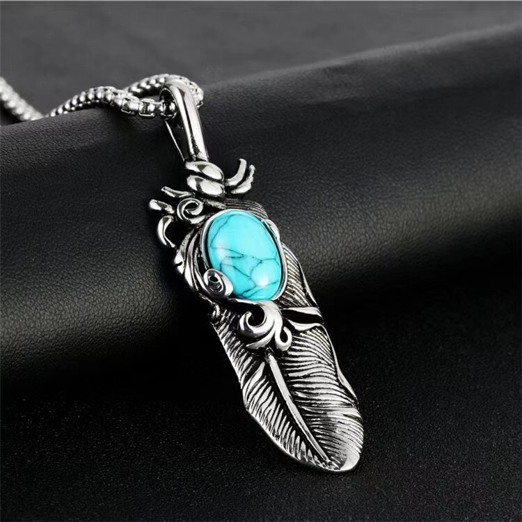 Men’s Turquoise Feather Pendant Necklace Chain Punk Rock Biker Jewelry Gift