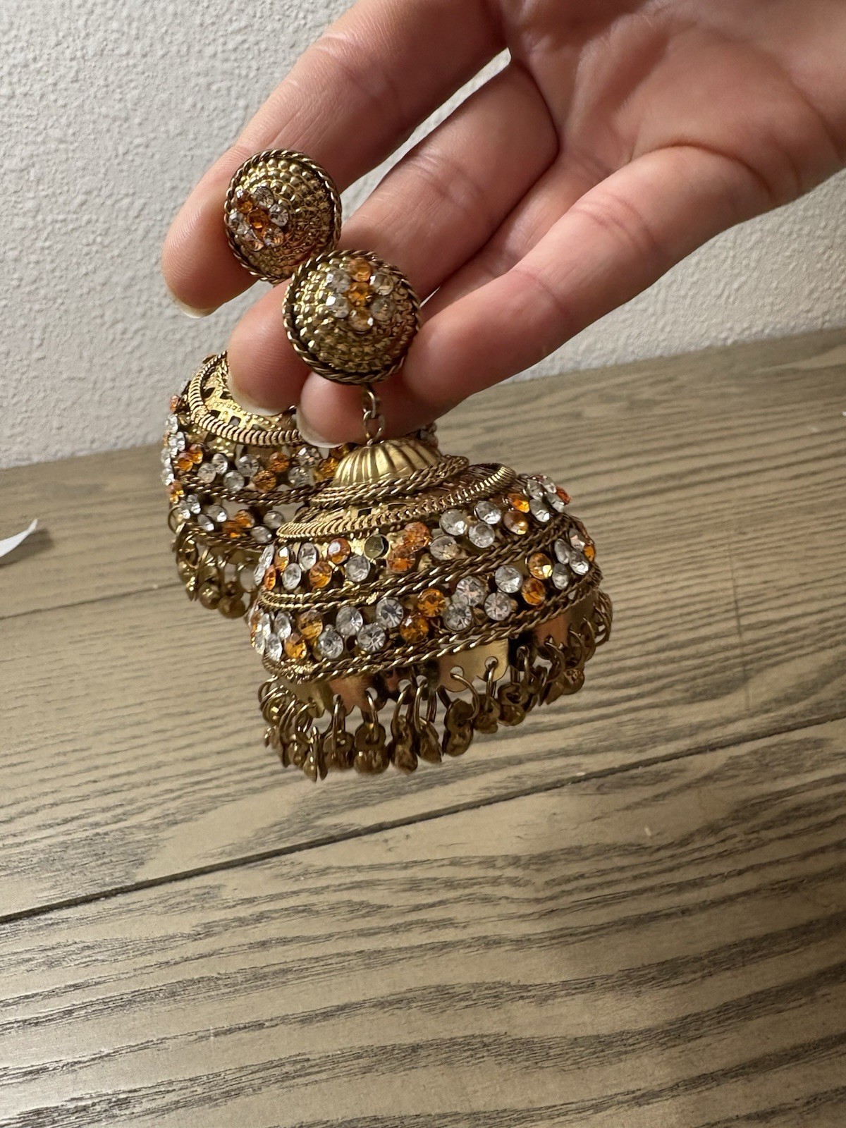 Earrings Brand new Gold & orange jhumka earrings with orange & clear rhinestones