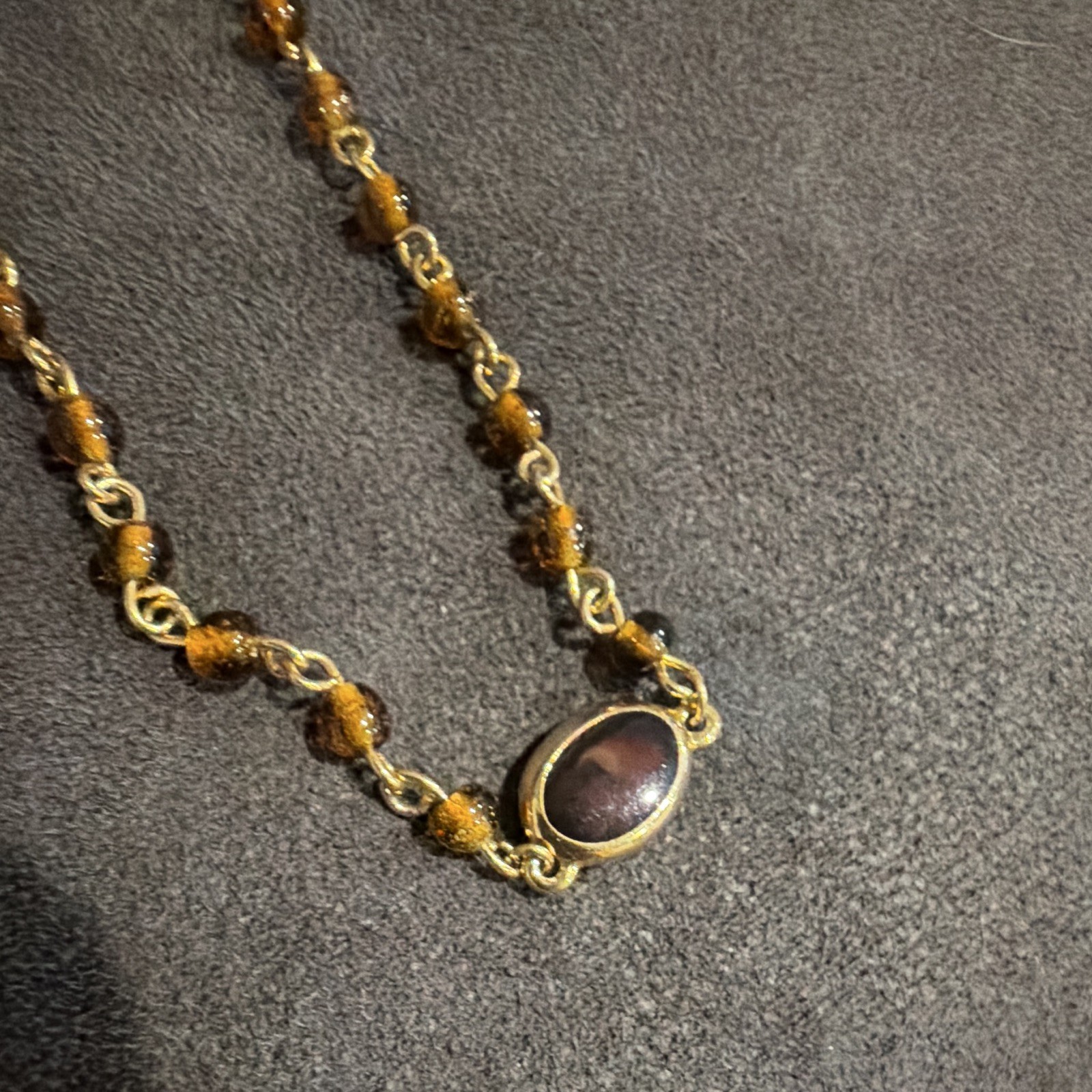 Gold Tone Brown Beaded Oval Charm Pendant Cable Chain Necklace Lobster 12-18″