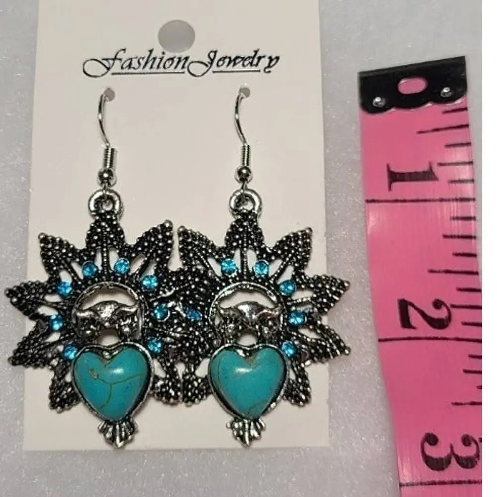 Silver Turquoise Stone Dangle Drop Fashion Earrings Set of 4 ~ NEW