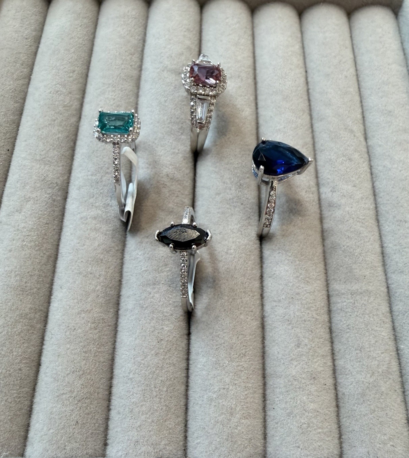 Sterling silver cocktail rings. Lab created gemstones. Lot of 4 rings