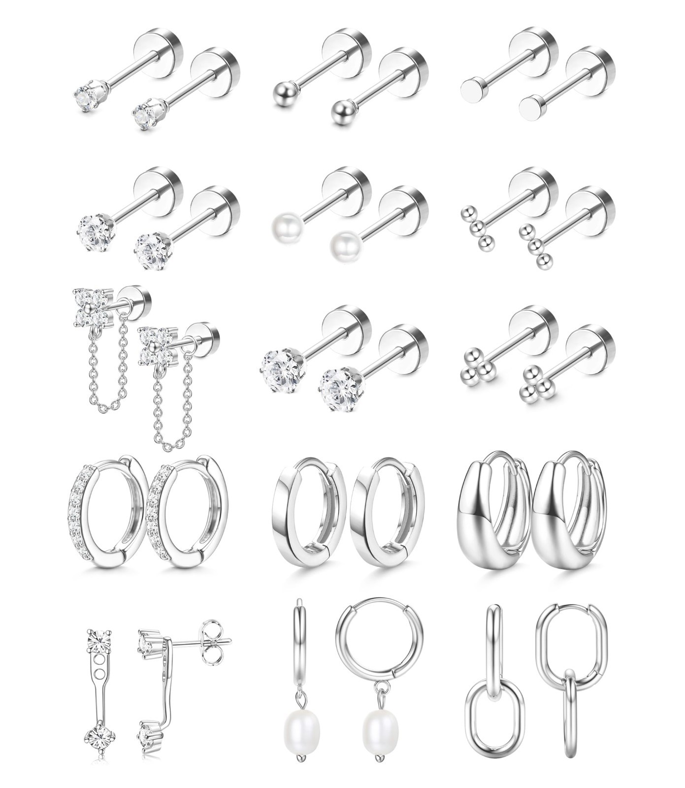 14k Gold Tone/ Silver Tone Flat Back Earrings Set Surgical Steel Ear Jewelry
