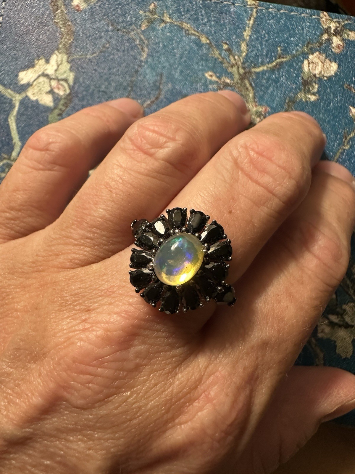 JTV Ethiopian Opal Black Spinel Ring Sterling Silver 925 Size 8 Rhodium Plated