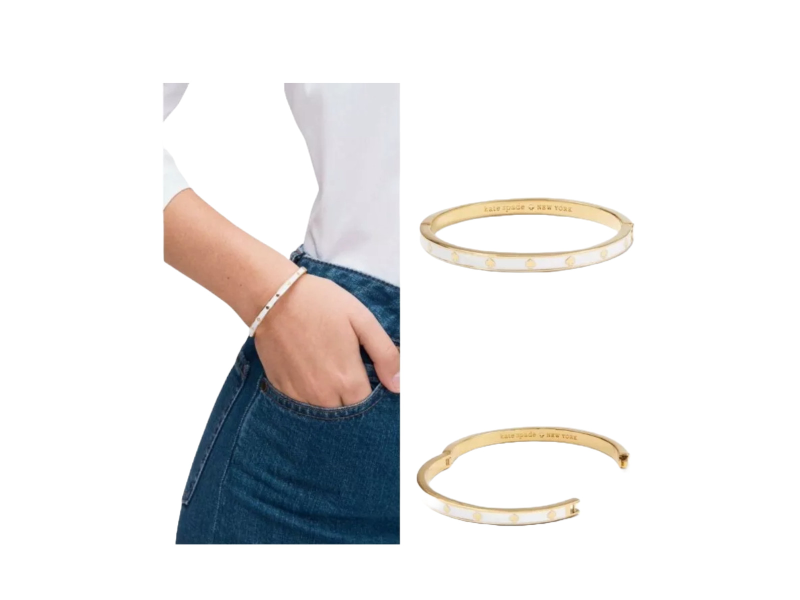 Kate Spade – White and Gold Enamel Hinged Bangle Bracelet – The Spade