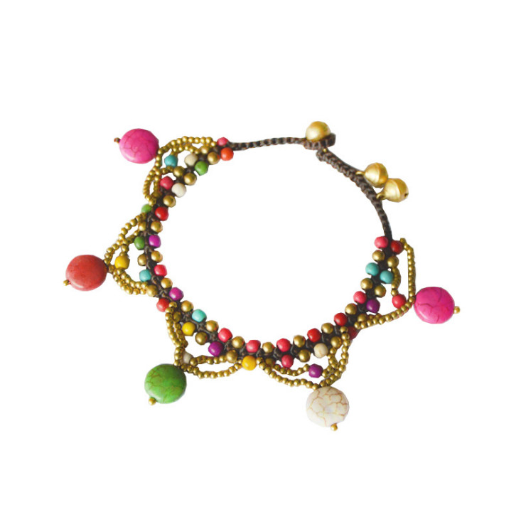 Women Bohemia Turquoise & Copper Bead Bell Wax Rope Foot Anklet Bracelet 8-9.2″