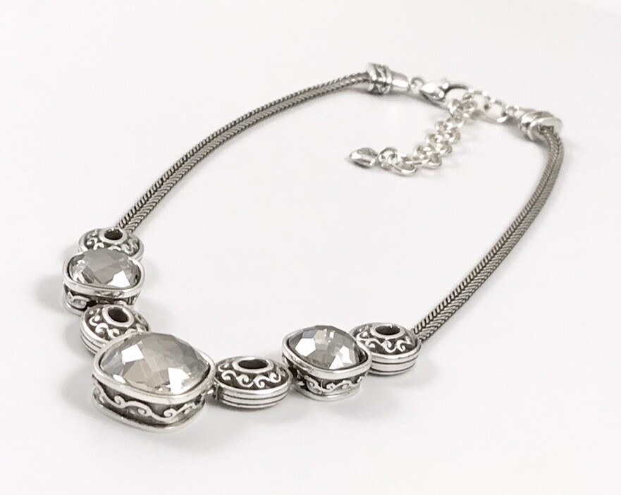 Brighton Venus Rising Silver Smokey Crystals Flat Chain Necklace 17 In. #16