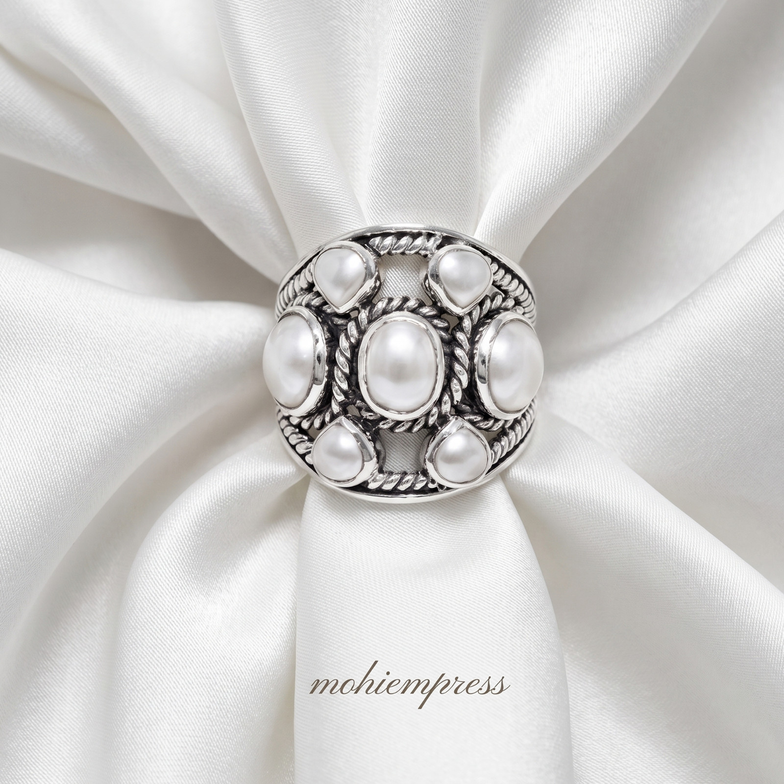 925 Sterling Silver Vintage Inspired Multi-Pearl Statement Ring, June Birthstone