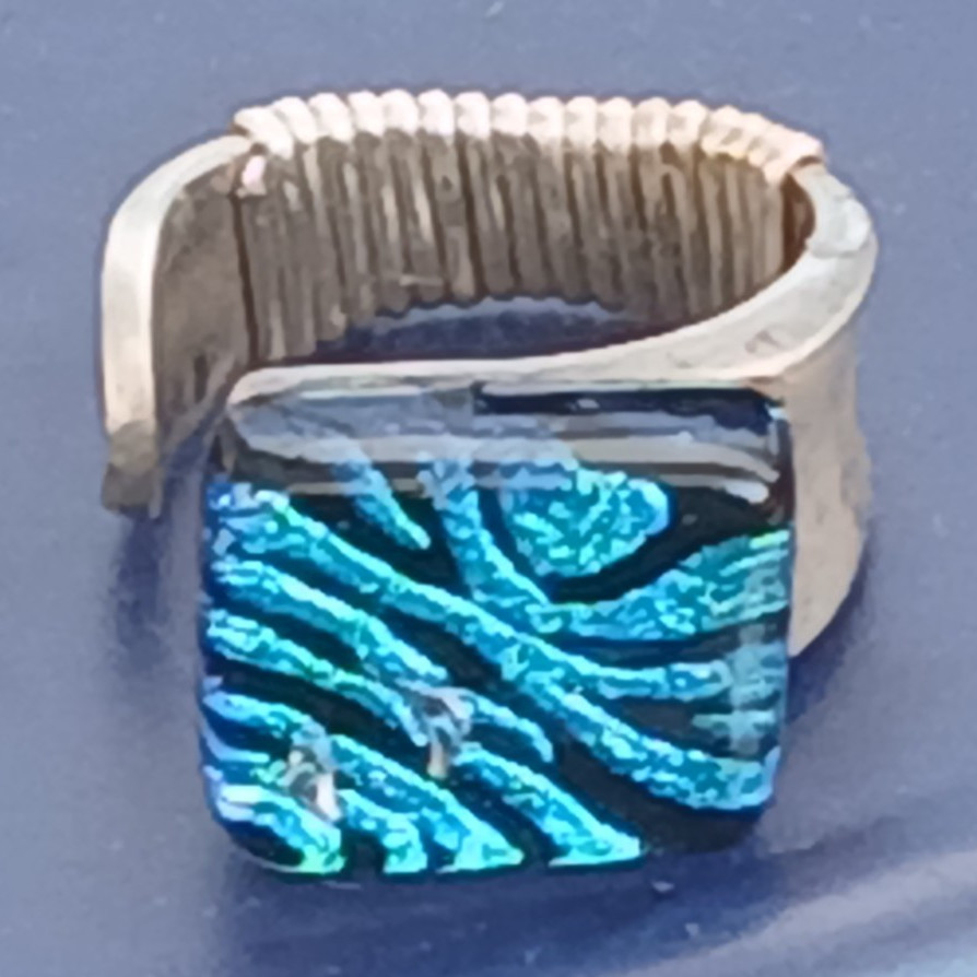 Vintage Sterling Silver Blue Dichroic Art Glass Adjustable Ring