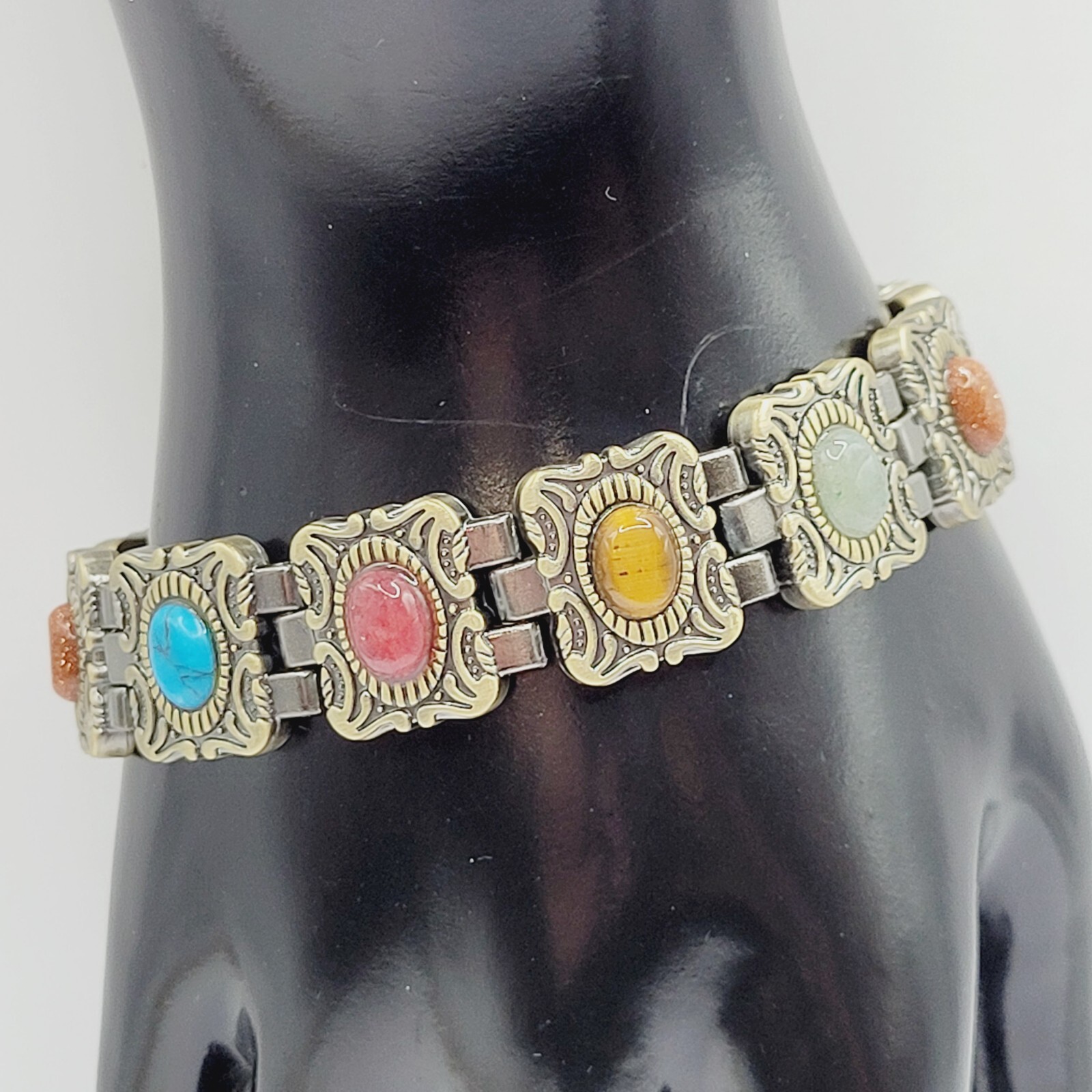 Ornate Western Style Multi Color Faux Gemstone Muted Gold Silver Tone Bracelet