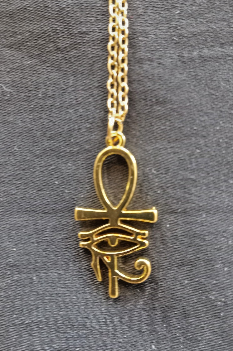 Golden ANKH Eye of Horus Pendant on Silver Plated Chain Necklace Egypt, Art Deco