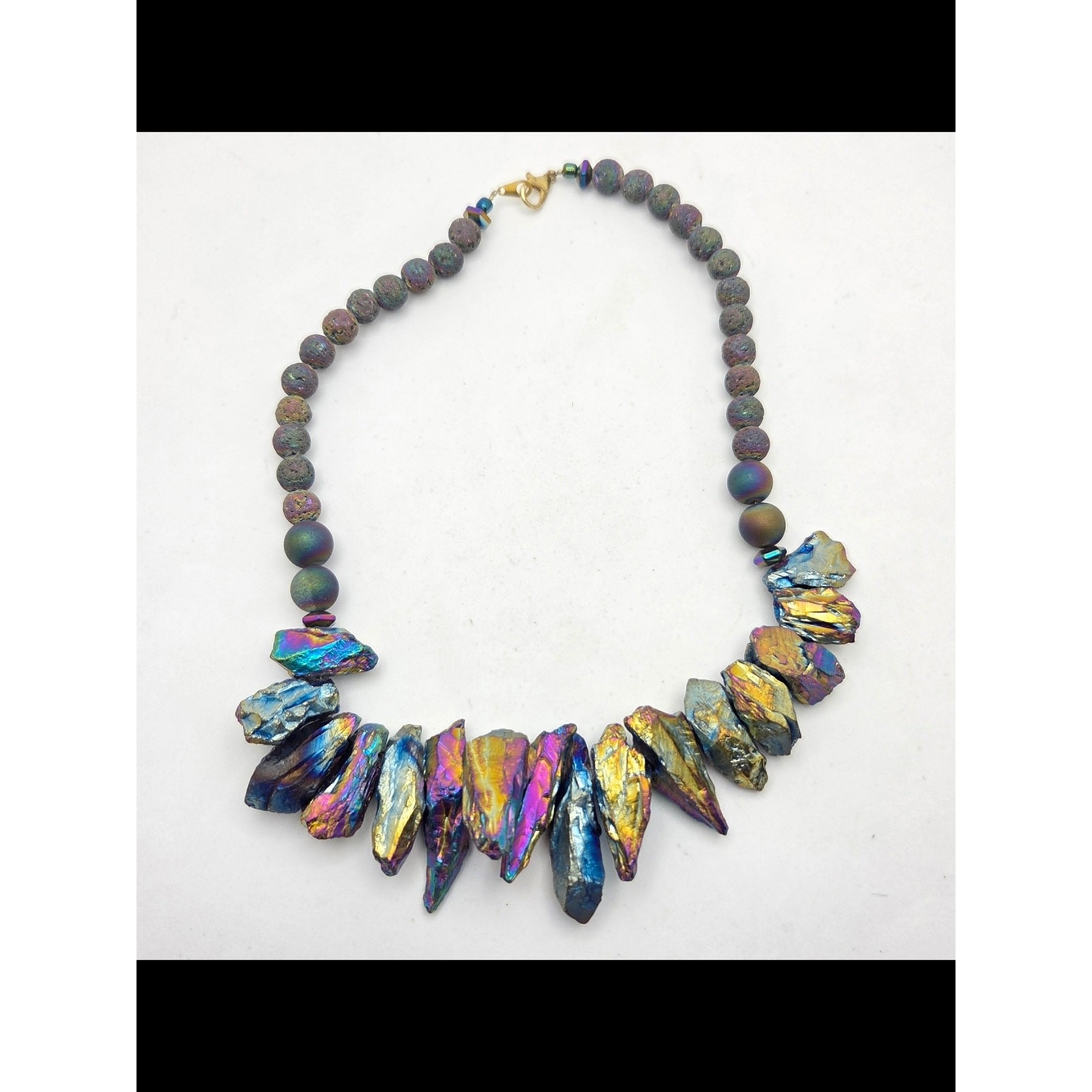 Raw Rainbow Aura Titanium Quartz & Lava Rock Statement Bib Necklace – 16″