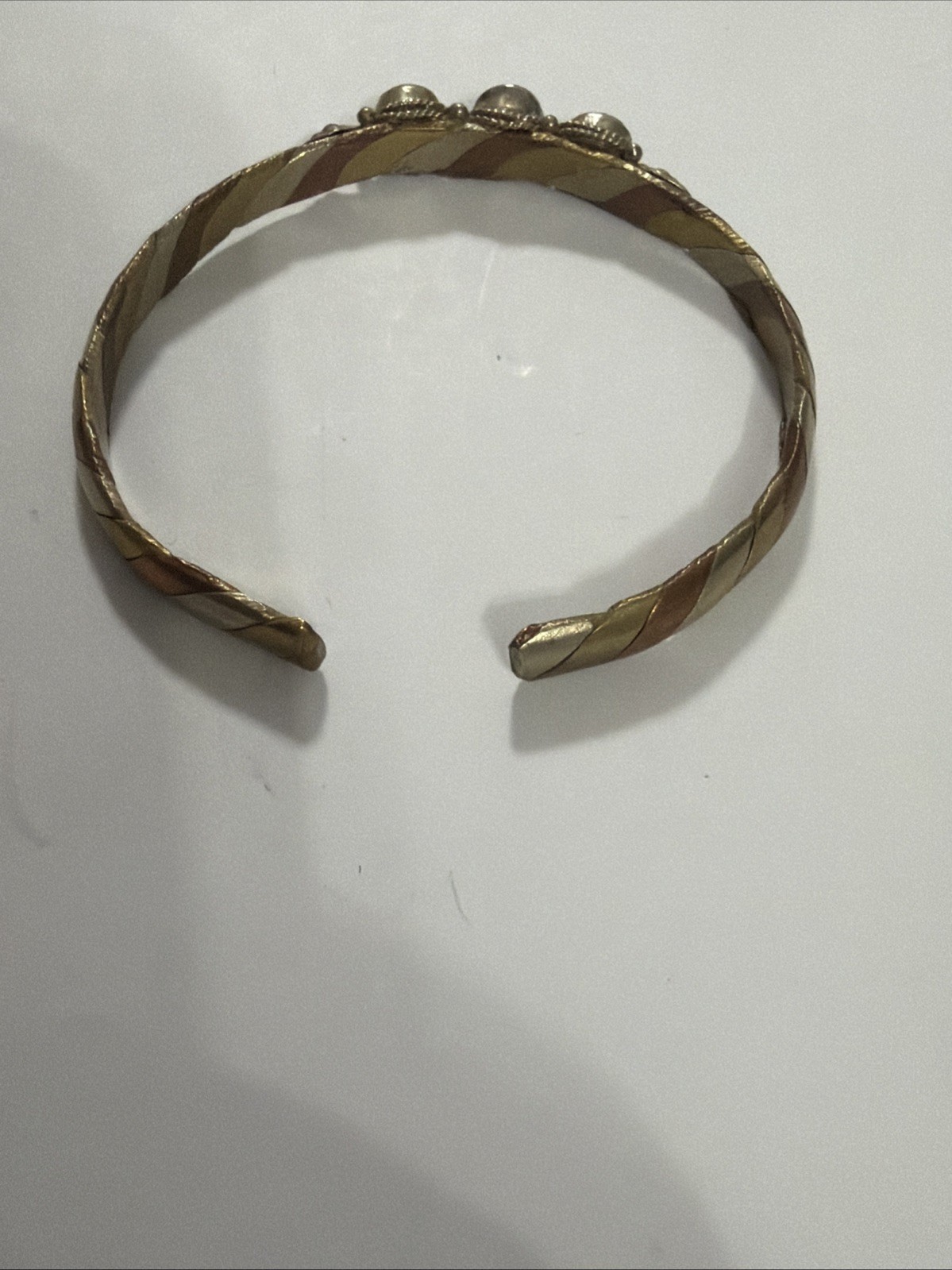 Vintage 3 Metal Braided Cuff Rope, Green & Red Stone, Copper Tone Bracelet —(G)