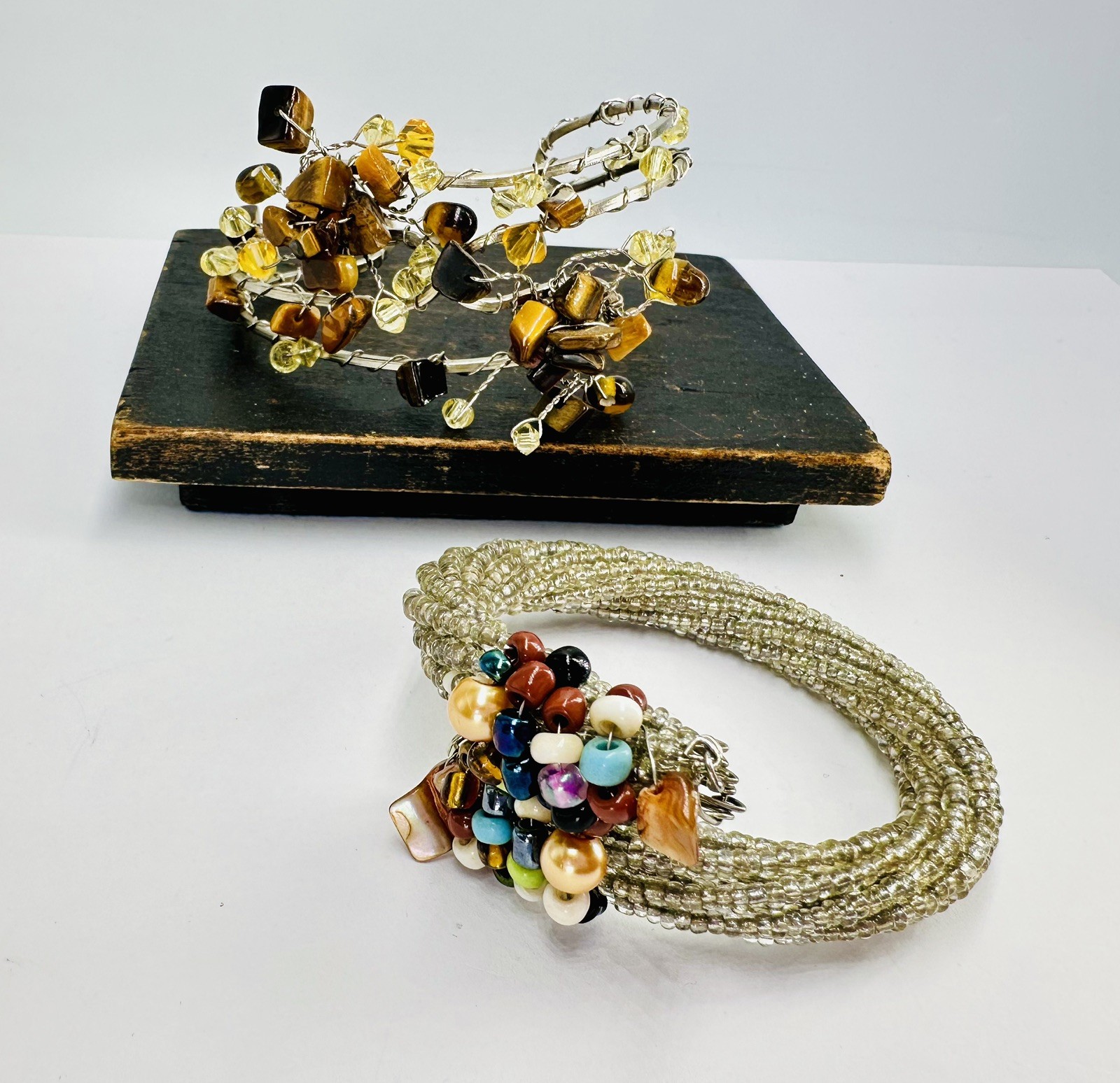 2x Tiger’s Eye Citrine Cuff Bracelet & handmade glass Bracelet Set Of 2