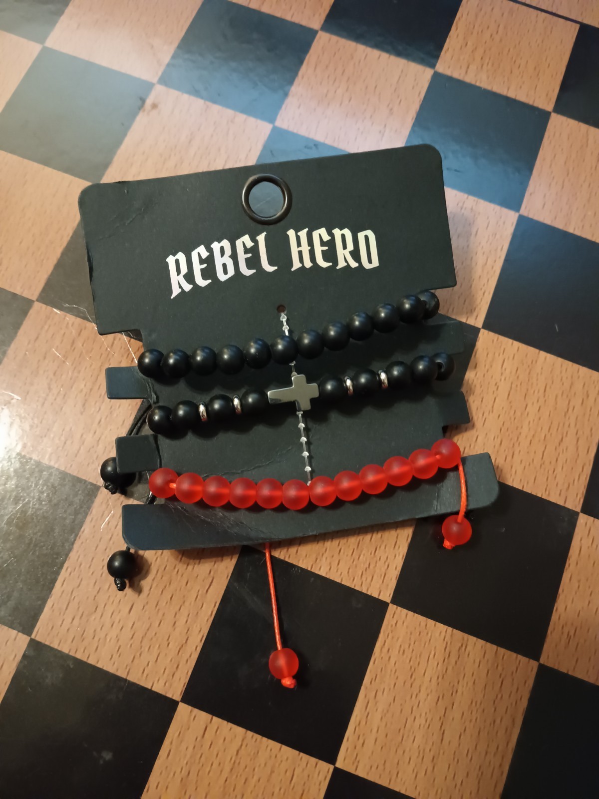 Rebel Hero 3pc Black/Red Beaded Cross Dangle Charm Bracelets, Adjustable Bolo