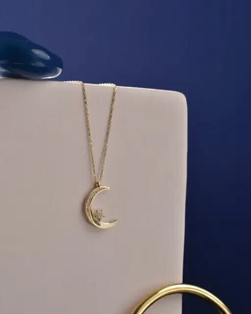 Round Cut Simulated Diamond 14k Yellow Gold Plated Stunning Moon/Star Pendant