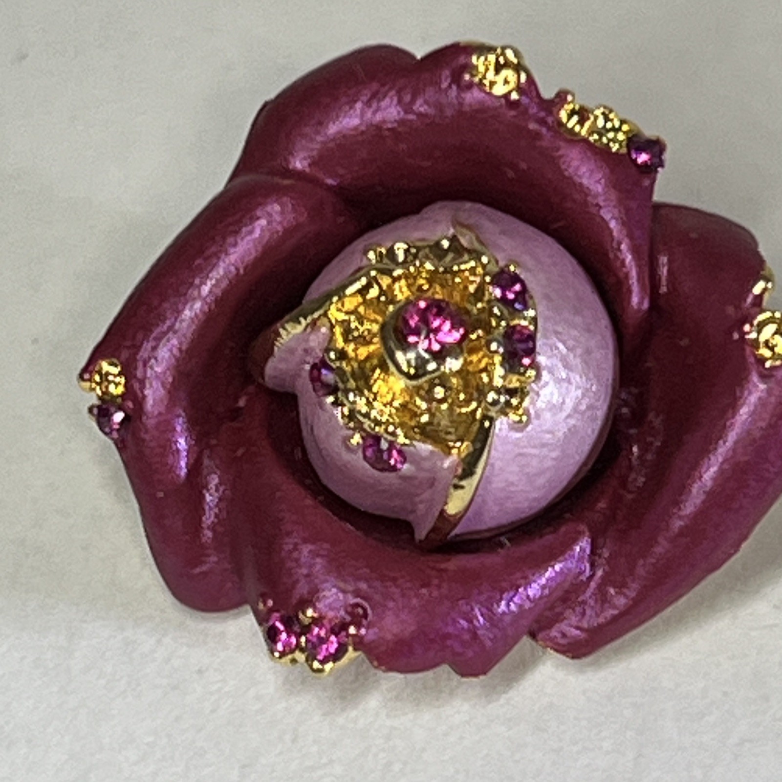 Purple Rose Flower Brooch Pin Gold Tone Metal with Pink Rhinestones 1 in