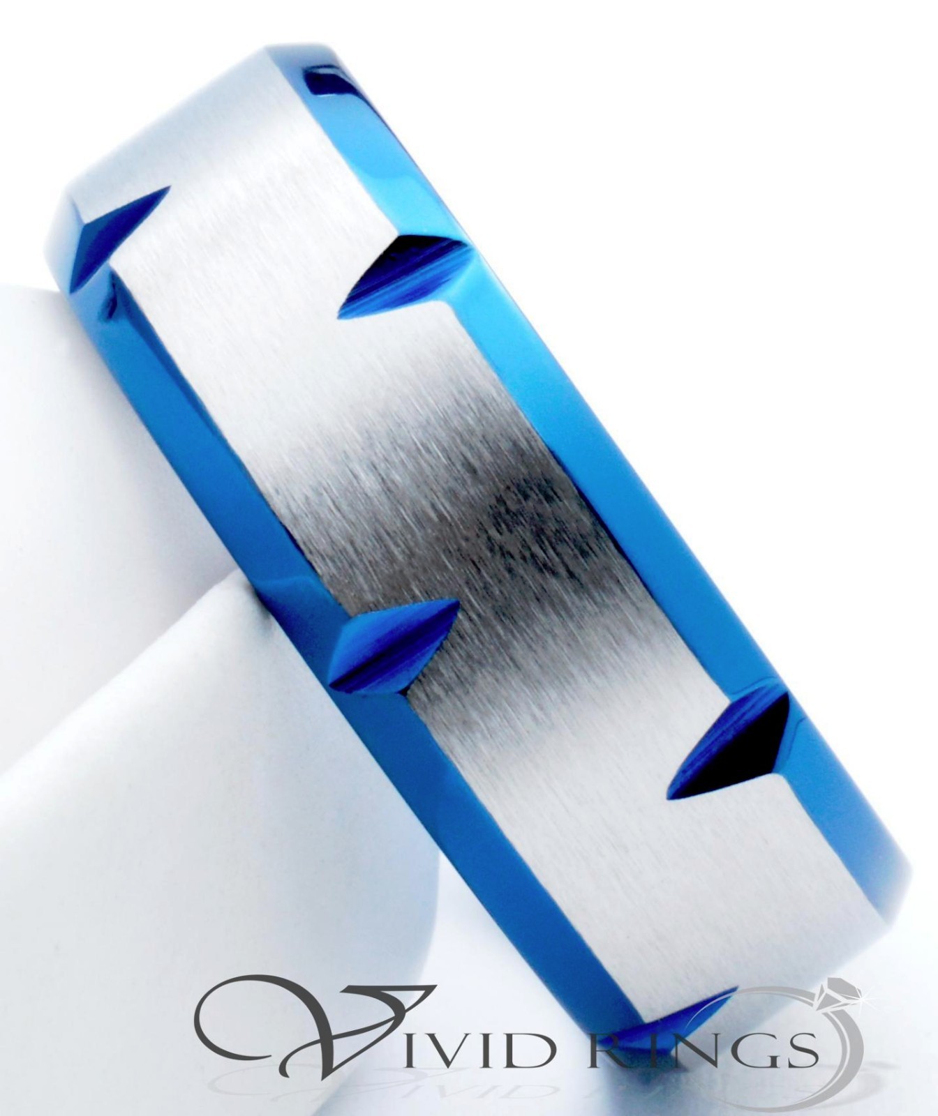 Men Stainless Steel Ring Blue Edge Faceted Band 316L 8mm Size 7 to 15