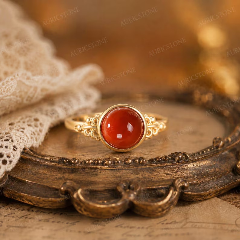 Lab Created Red Coral Ring, Base Metal: Brass Finish: Gold Plated, Gift