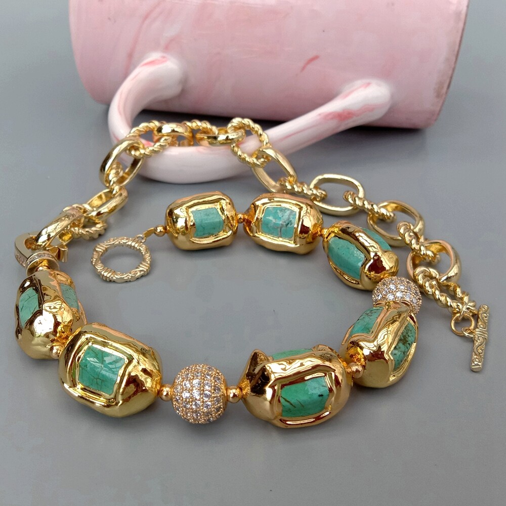 16.5″ Turquoise With Electroplated Edge CZ Pave Beads Chain Choker Necklace
