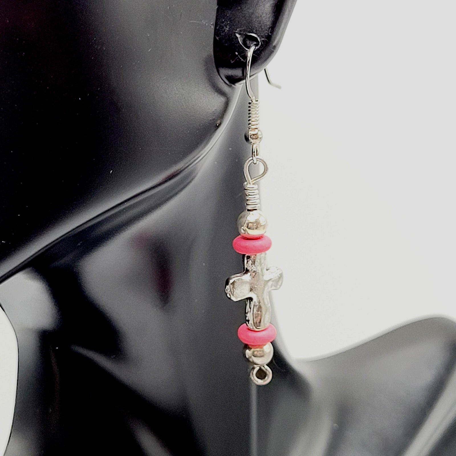 Southwestern Silver Tone Cross w Pink Ceramic Bead Metal Hook Pierced Earrings