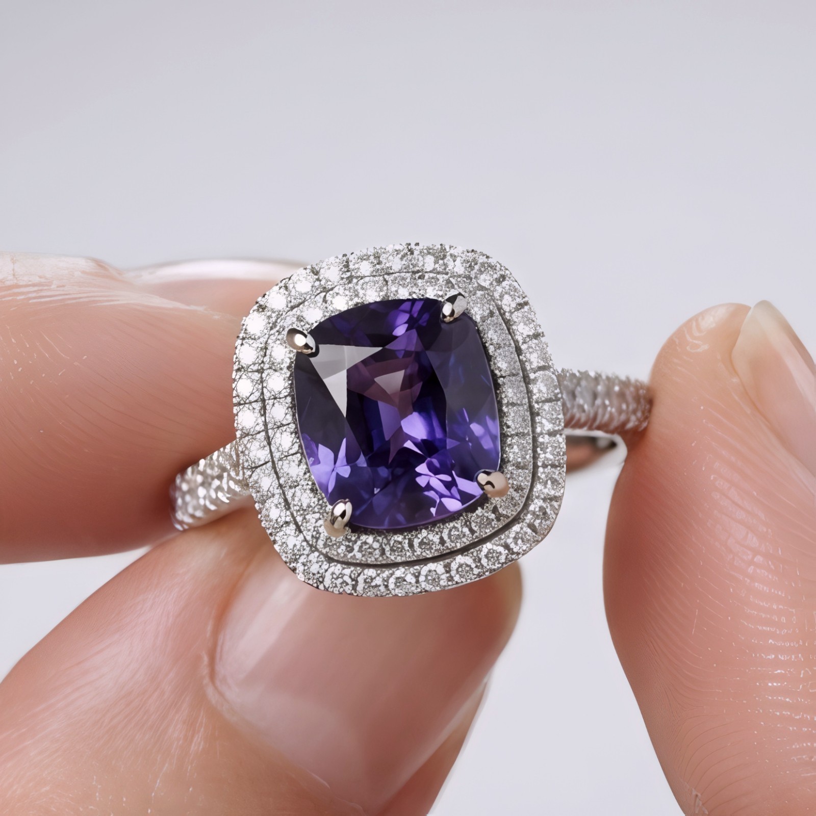Natural Purple Amethyst Halo Ring 925 Sterling Silver Cushion Cut Handmade Fine