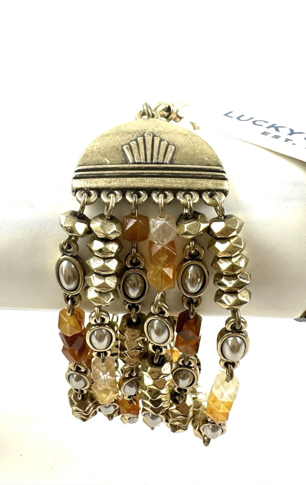 Lucky Brand Semi-Precious Stone 6-Row Link Chain Gold Tone Bracelet NWT