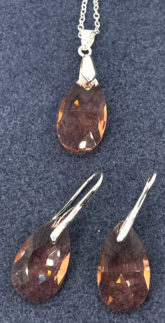 Necklace/Earrings 925 Silver Peach Color Faceted Teardrop Crystals 20″ Ear 1.5″