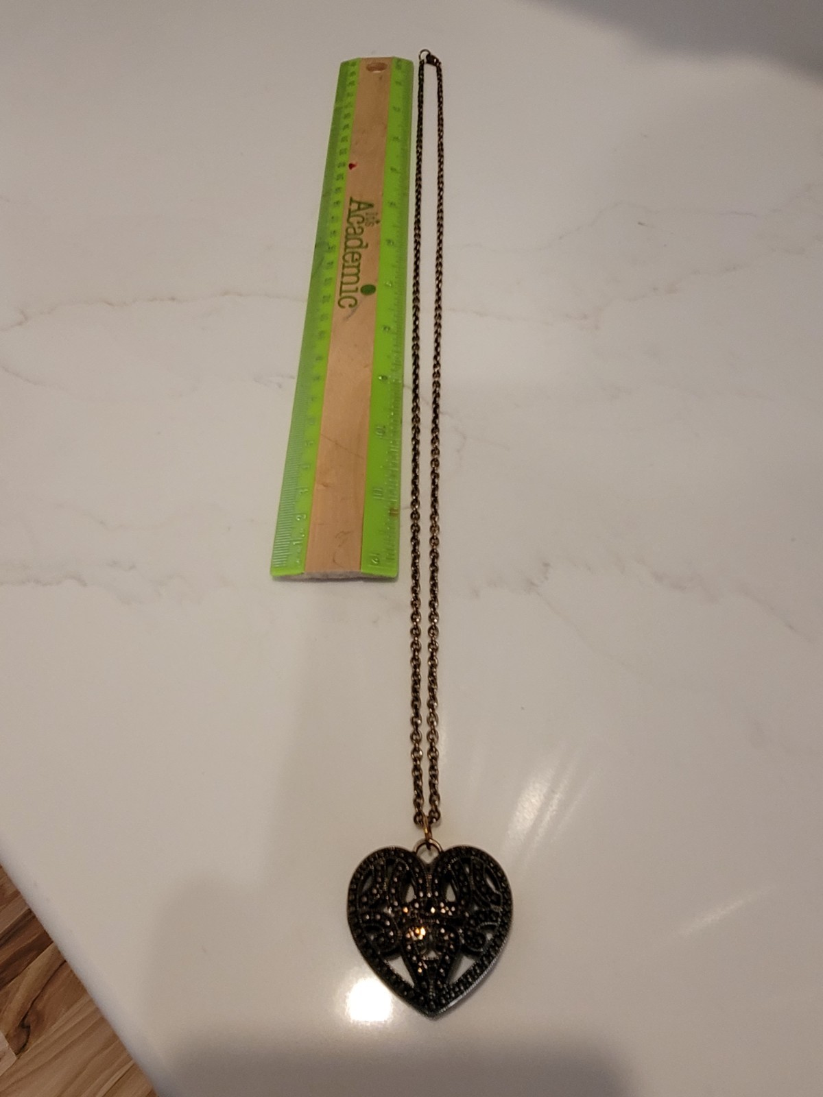 Heart Pendant Necklace Filigree Style Antiqued Bronze Tone Chain 30″