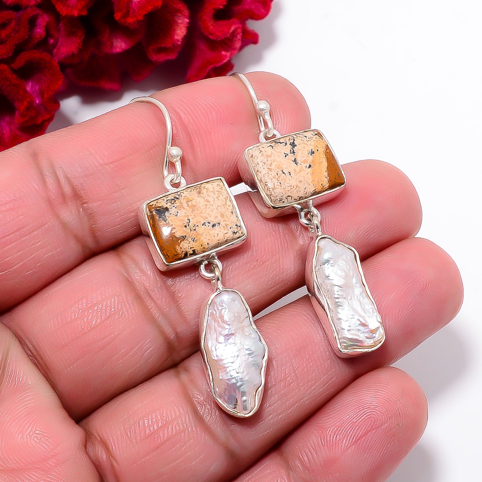 Picture Jasper & Biwa Pearl 925 Sterling Silver Danglers Earring 2.03″ E55