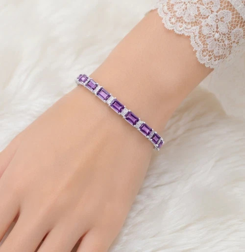 10 Ct Emerald Cut Simulated Amethyst Women Tennis Bracelet 14K White Gold Plated
