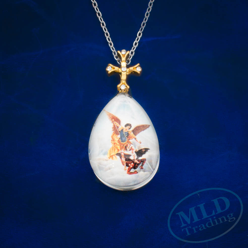 Saint St Michael Crystal Pendant Necklace – 18″ Oval Link Chain, Gold Zinc Alloy