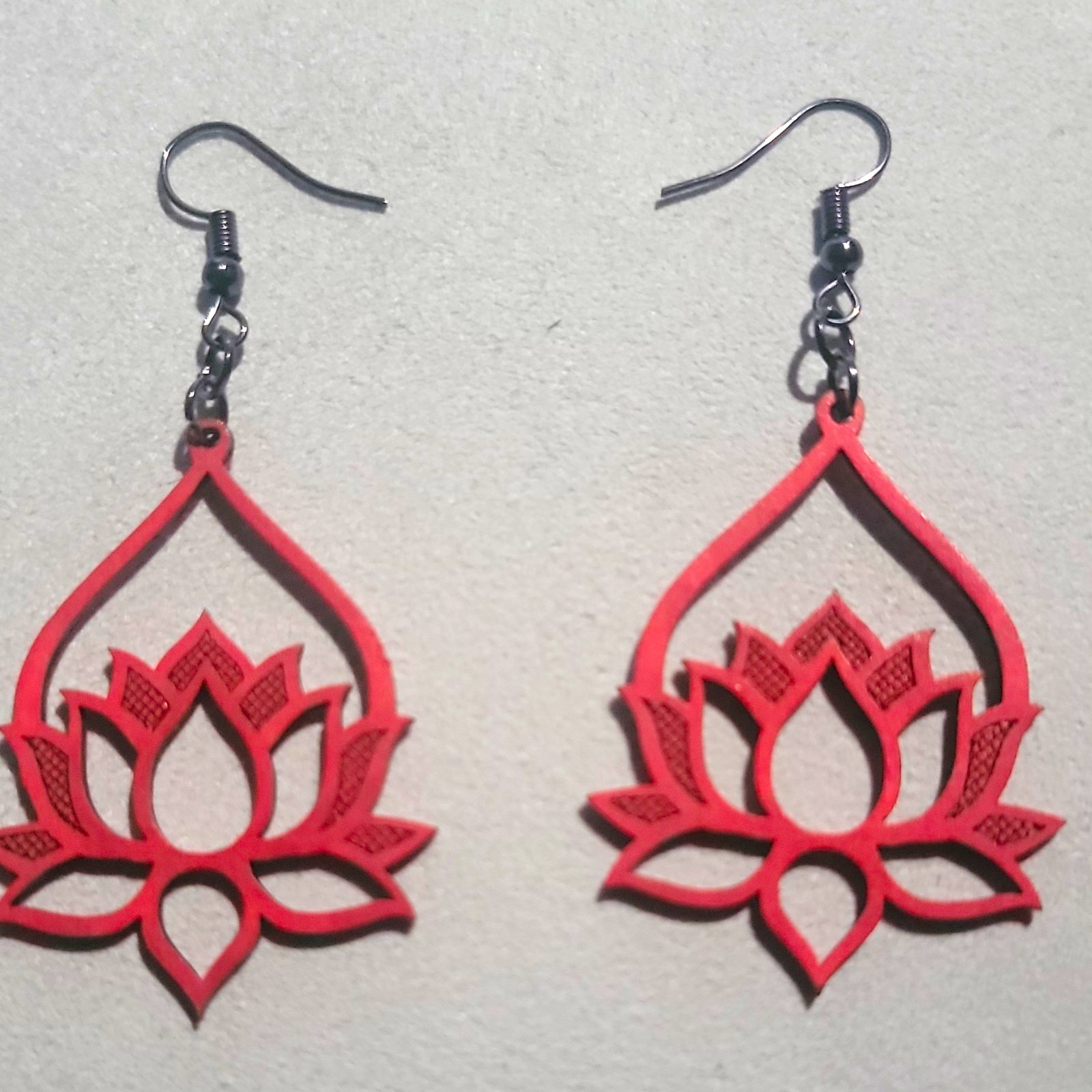 Red Black Metal Lotus Flower Dangle/Drop Hook Earrings, No Stone