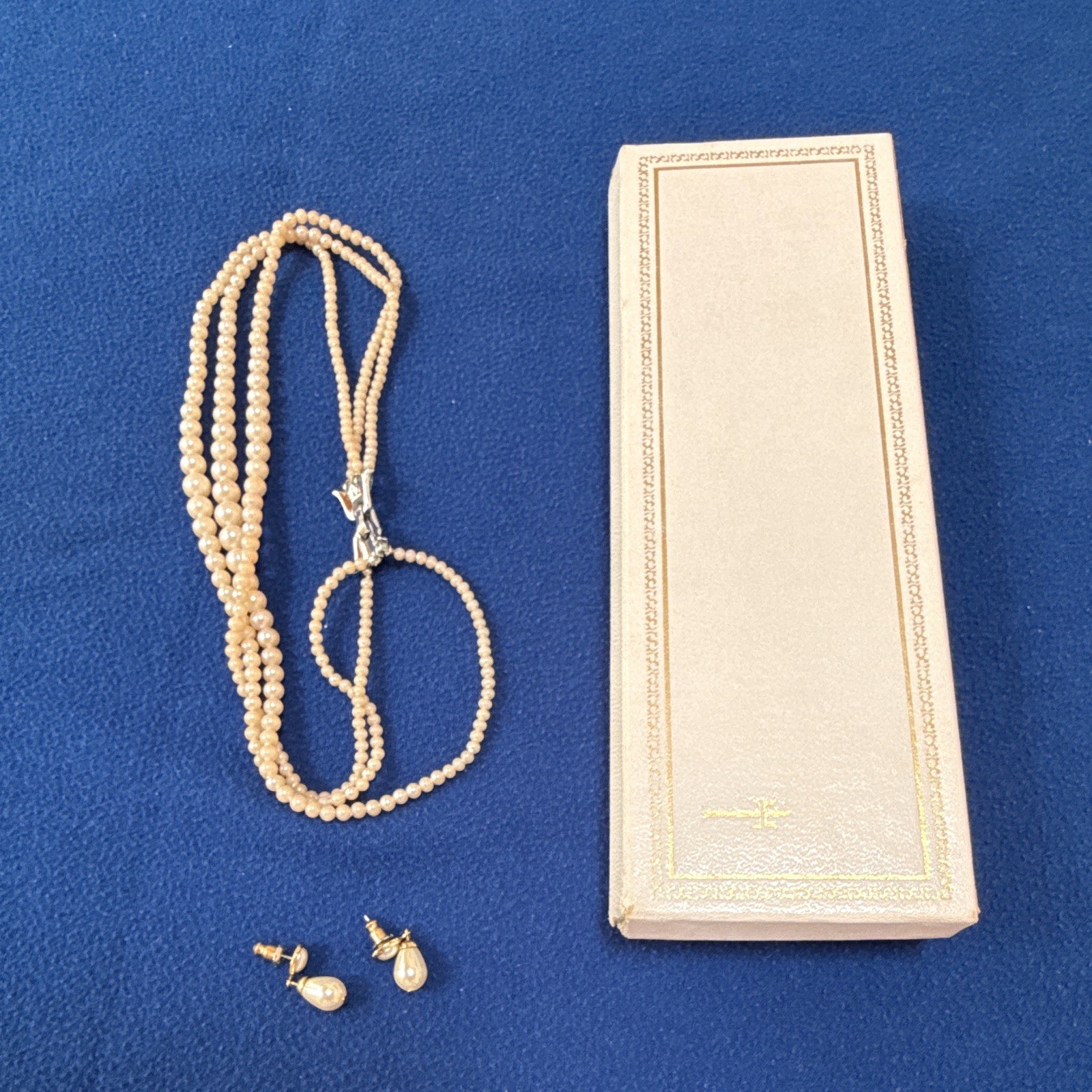 Vintage Crown Trifari 4-Strand Faux Pearl Necklace with Matching Drop Earrings
