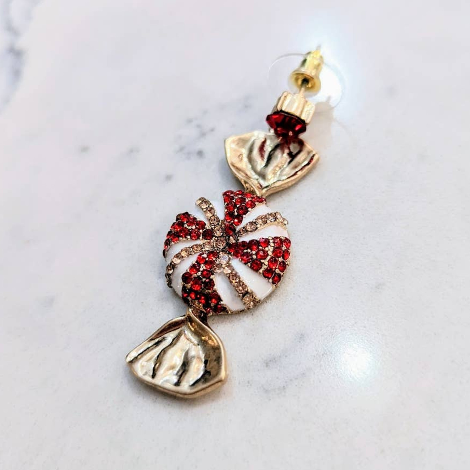 HOLIDAY Red White Sparkle Peppermint Dangle Post Earrings Christmas Gift NEW