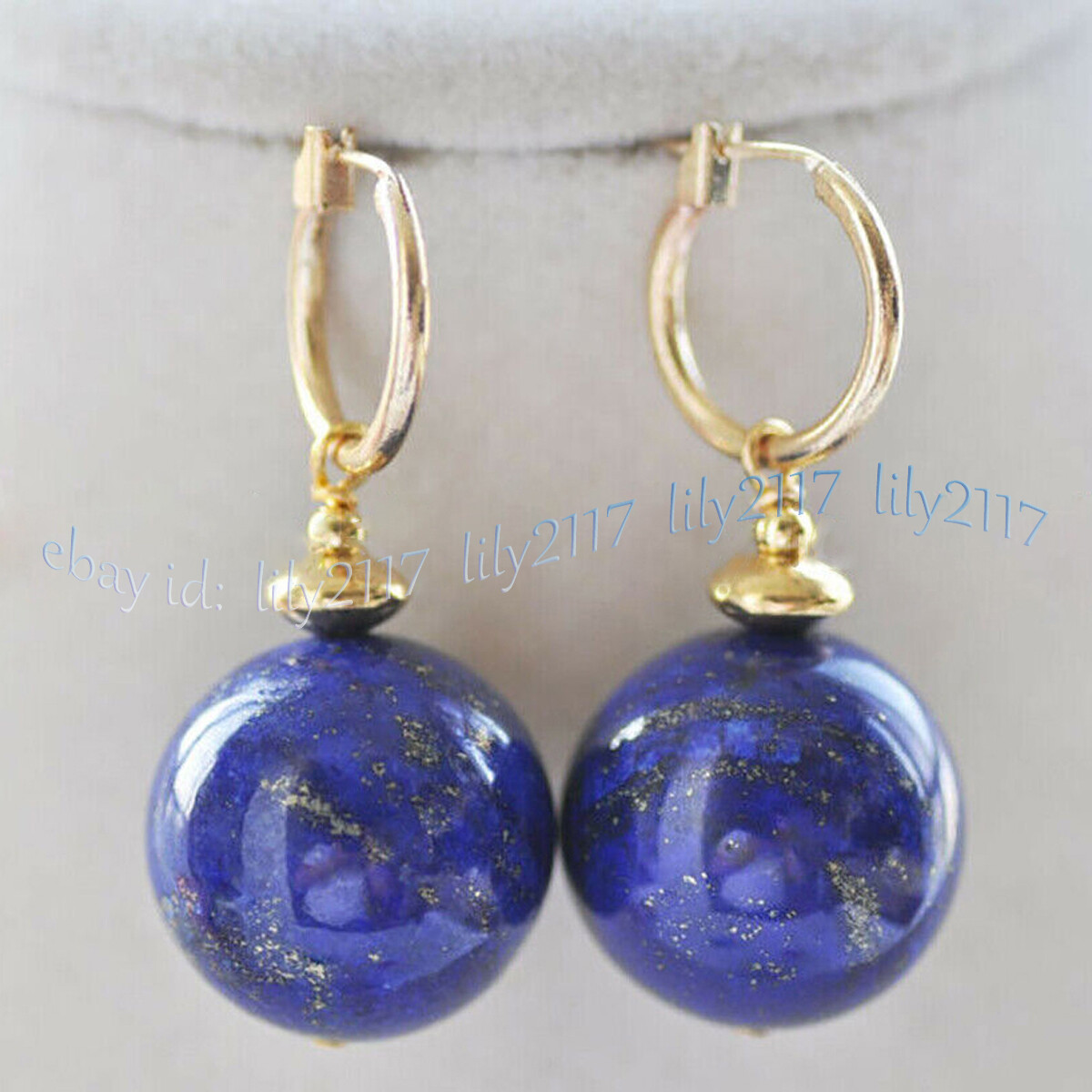 Natural Blue Lapis Lazuli Round Gemstone Beads Dangle Gold Leverback Earrings