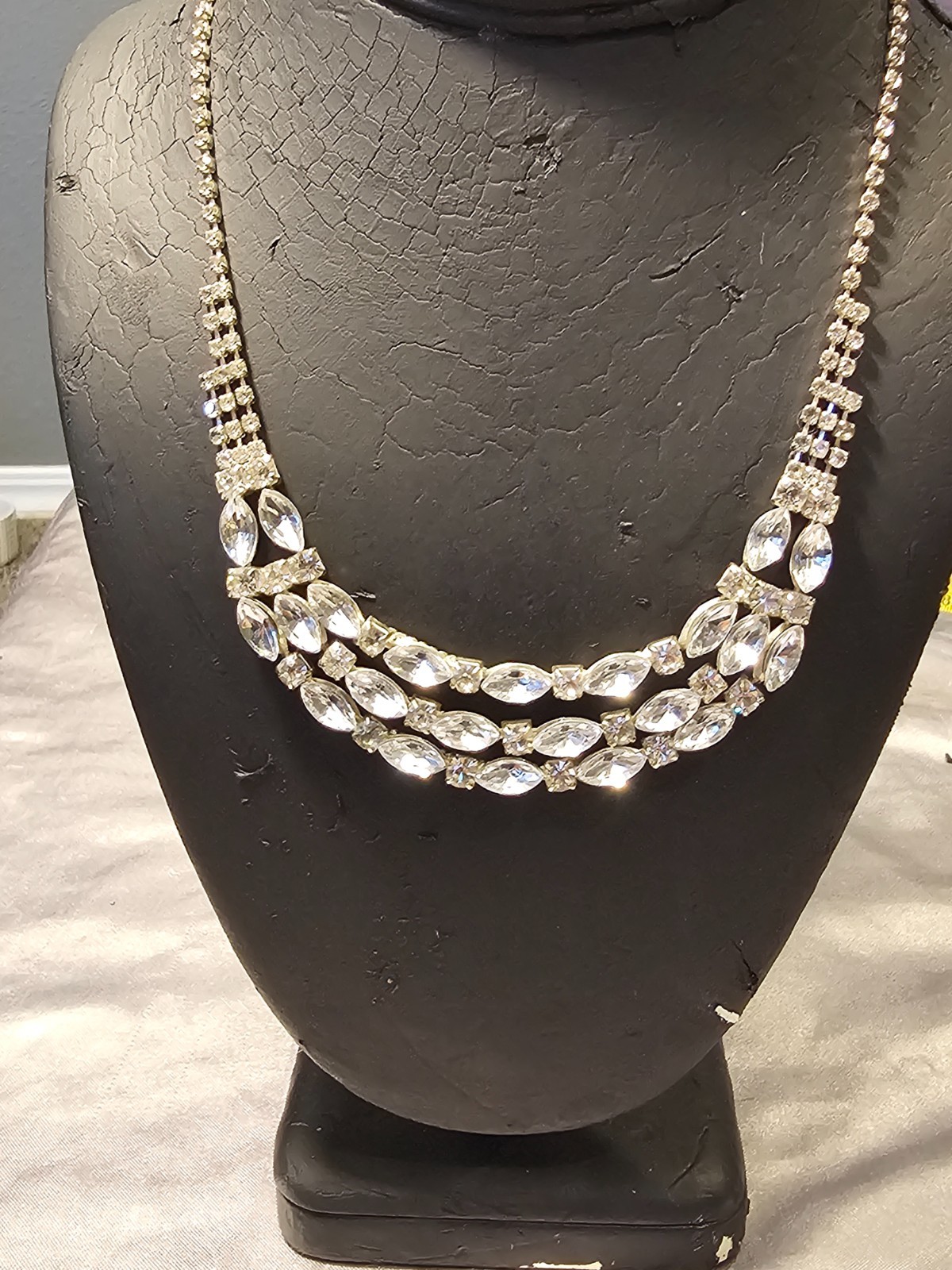 Premier Designs Silver Triple‑Row Crystal Necklace Clear Faceted Stones