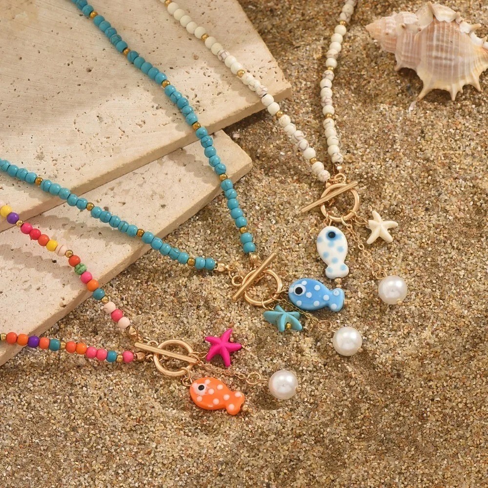Boho Starfish beach Necklace Handmade Beaded Pearl Ceramic Fish Pendant Women