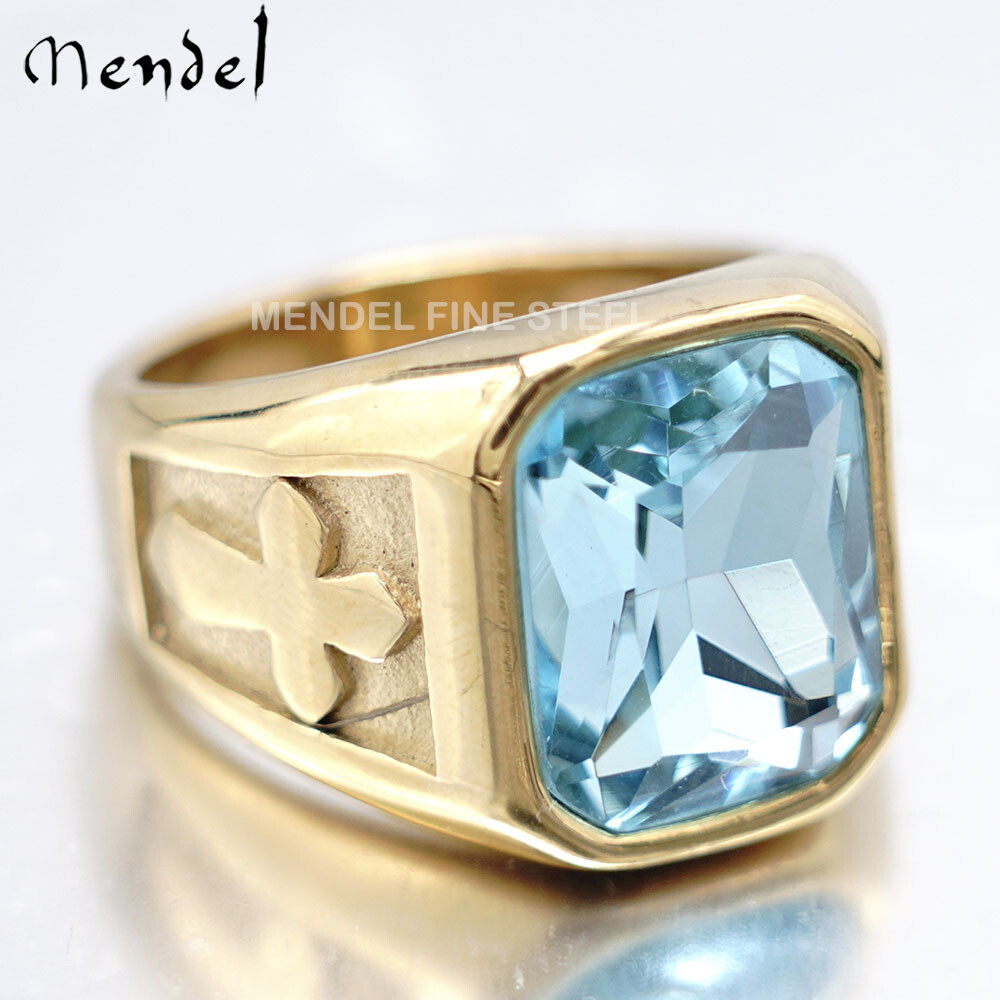 MENDEL Mens Gold Plated Cross Blue Aquamarine Stone Ring Men S-Steel Size 7-15