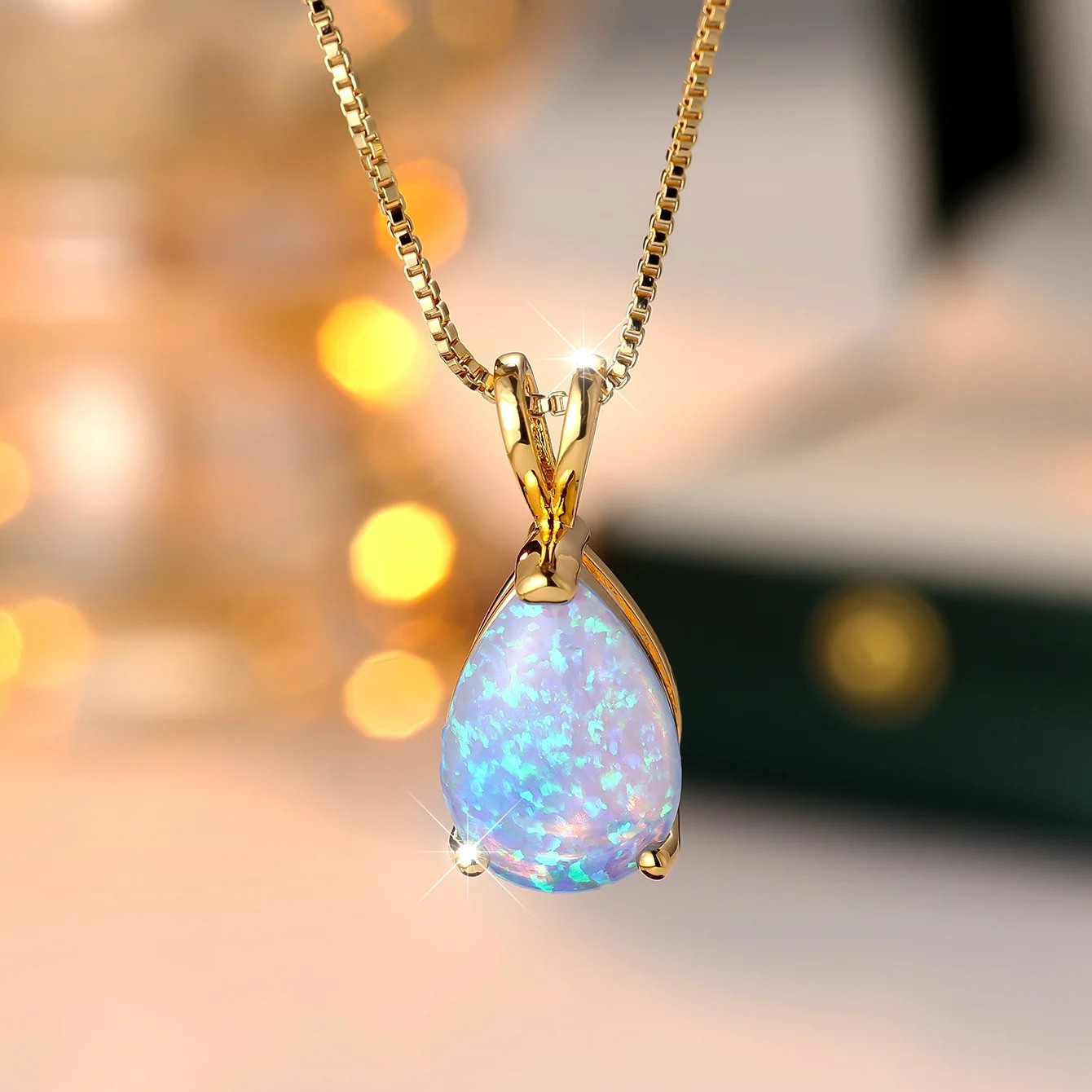Boho Female White Blue Opal Water Drop Pendant Necklace Gold Color Wedding Jewel