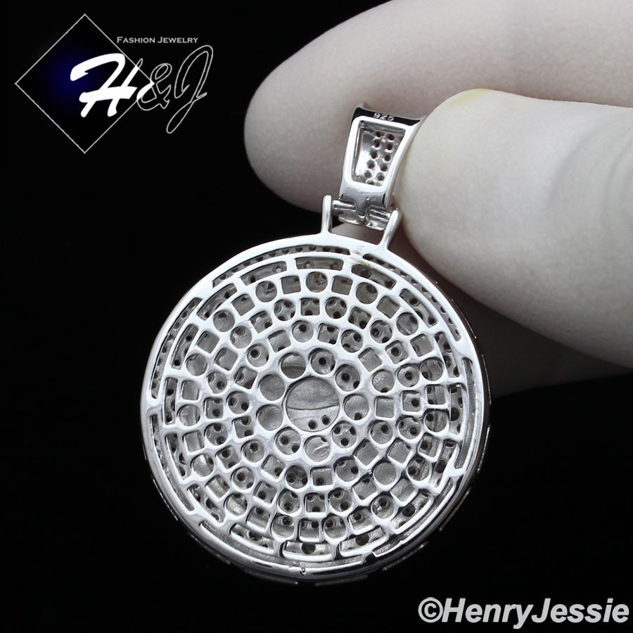 MEN 925 STERLING SILVER 24″X2MM MOON CUT BEADED CHAIN ICY CZ ROUND PENDANT*P204