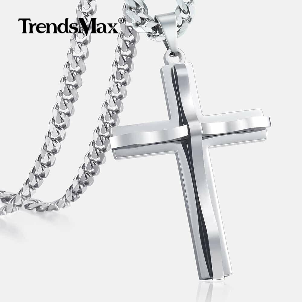 Mens Cross Charm Pendant Necklace Curb Cuban Stainless Steel Chain 5mm 18-24”