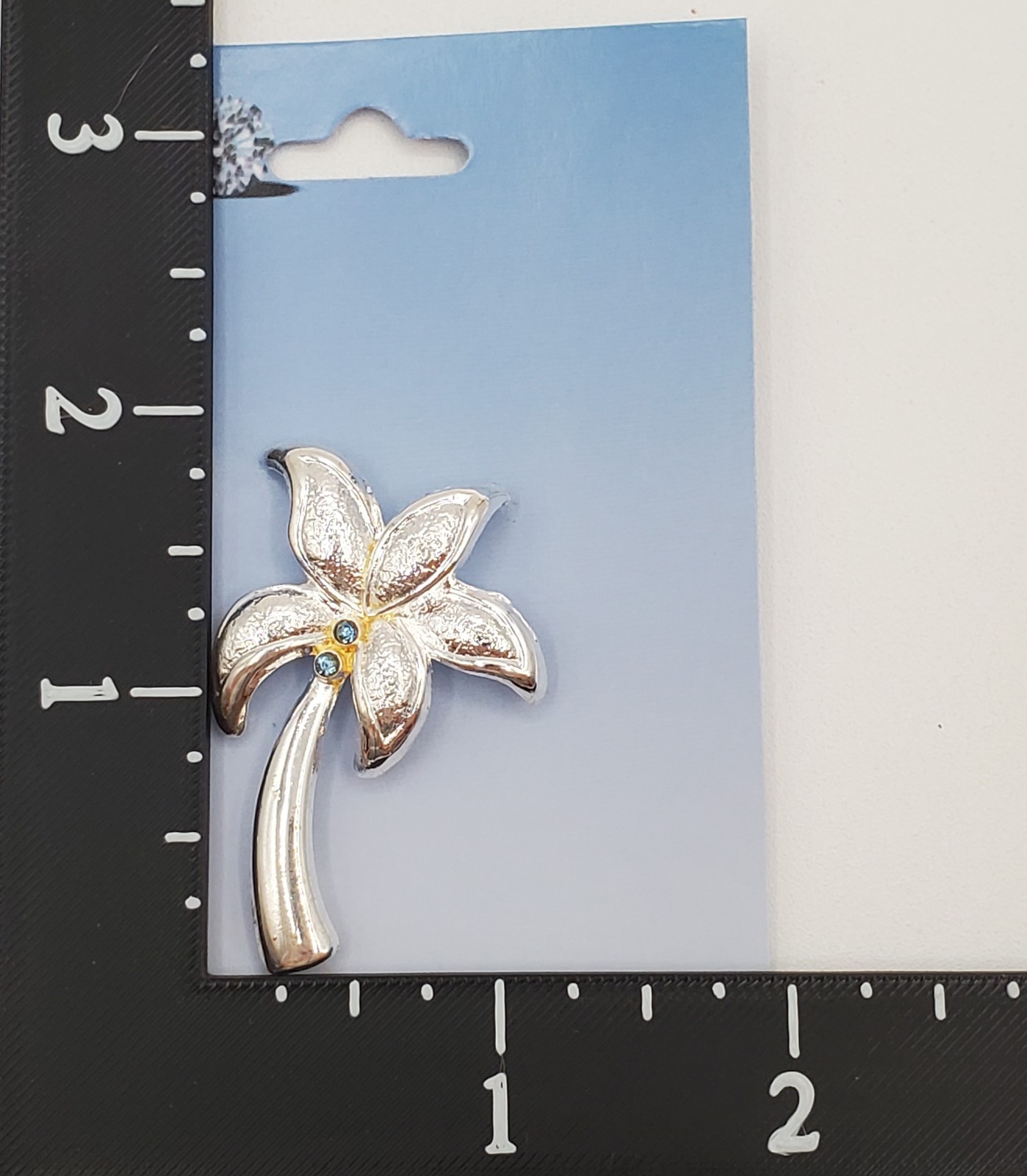 Flower Brooch 2in Silver Tone Blue Crystal Palm Lilly Estate Pin NOS Branded TH