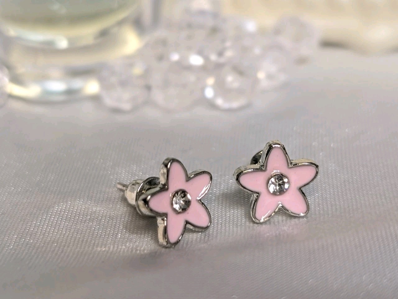 NEW Earrings Pink Flower With Clear Rhinestone Sterling Silver Studs Earrings
