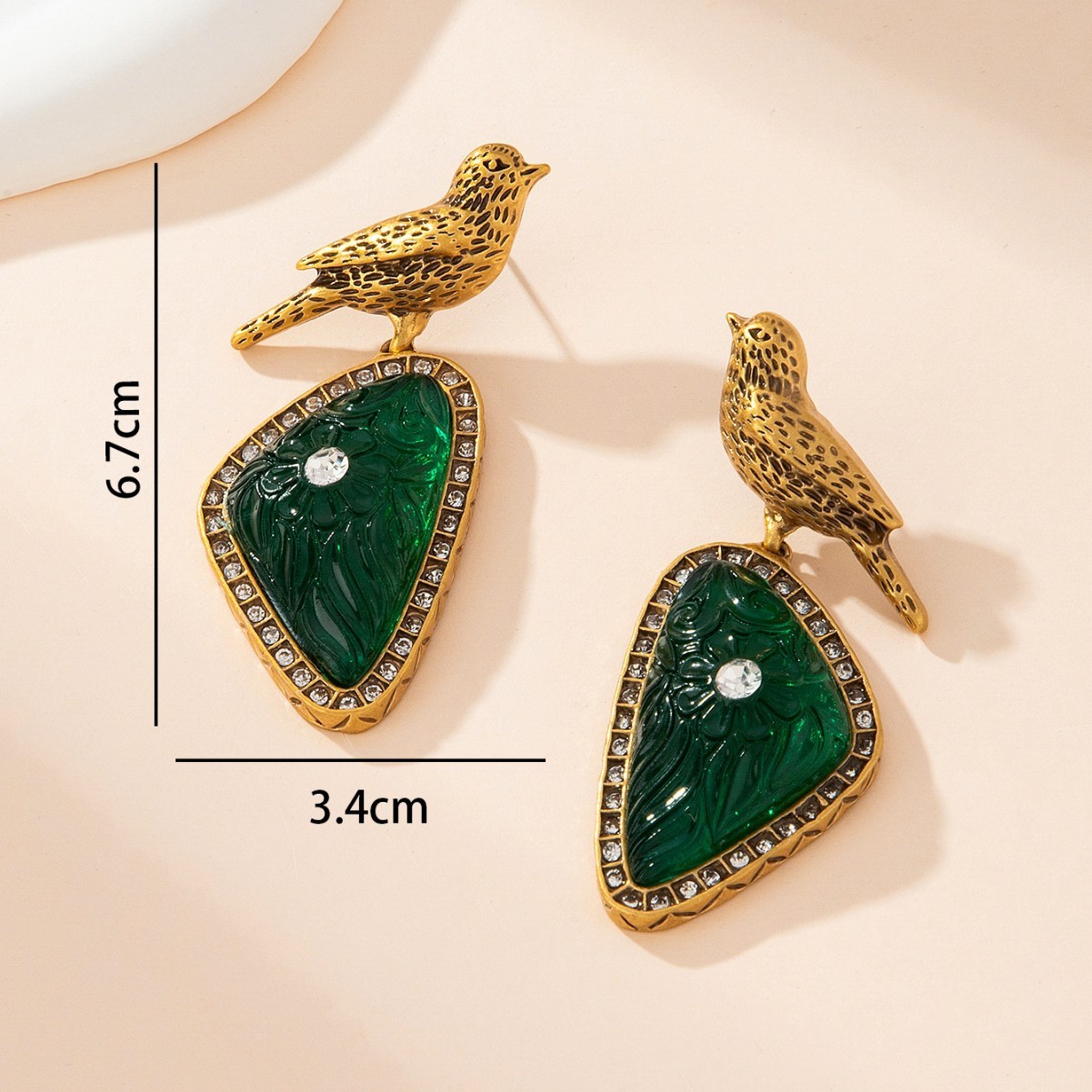 Vintage French Palace Green Geometric Bird Drop Earrings Luxury
