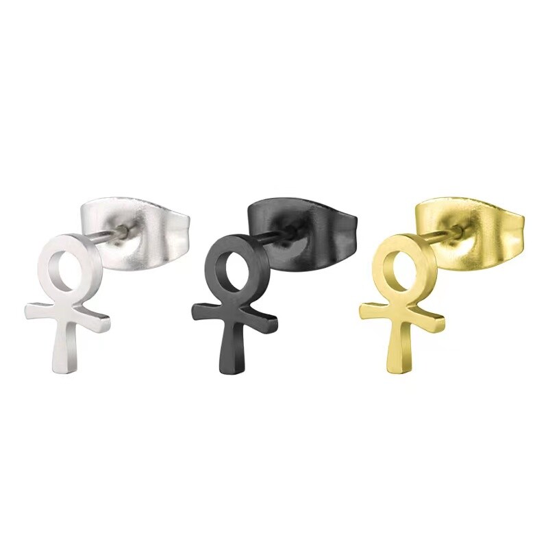 Men Women Key of Life Ankh Cross Stud Earrings Egyptian Jewelry Surgical Steel