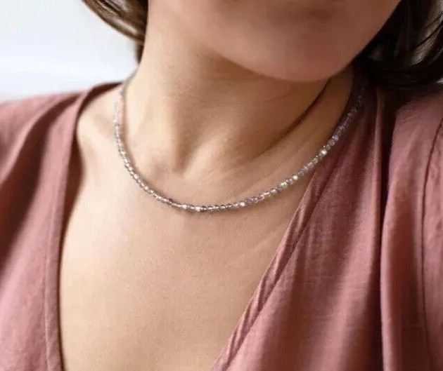 Natural Labradorite Moonstone 4mm Round Beaded Choker Minimalist Dainty Necklace