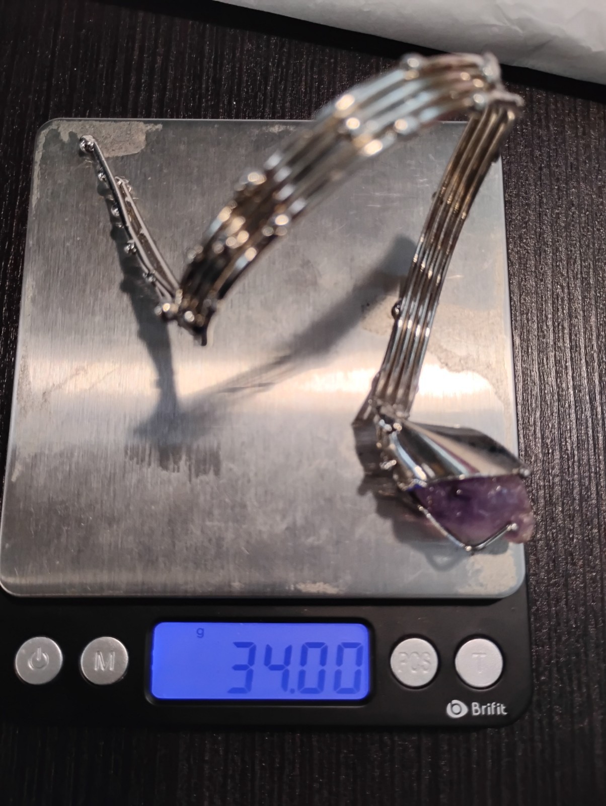 Raw Amethyst Point Silver Tone Brutalist Sculptural Wrap Bracelet