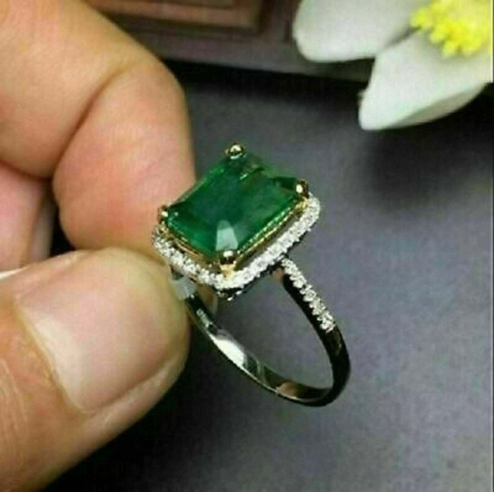 3.00Ct Simulated Emerald Green Emerald Engagement Ring 14K White Gold Plated
