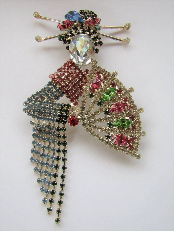 BEAUTIFUL Large Rhinestone Geisha Asian Fringe Kimono Fan Movement Brooch Pin
