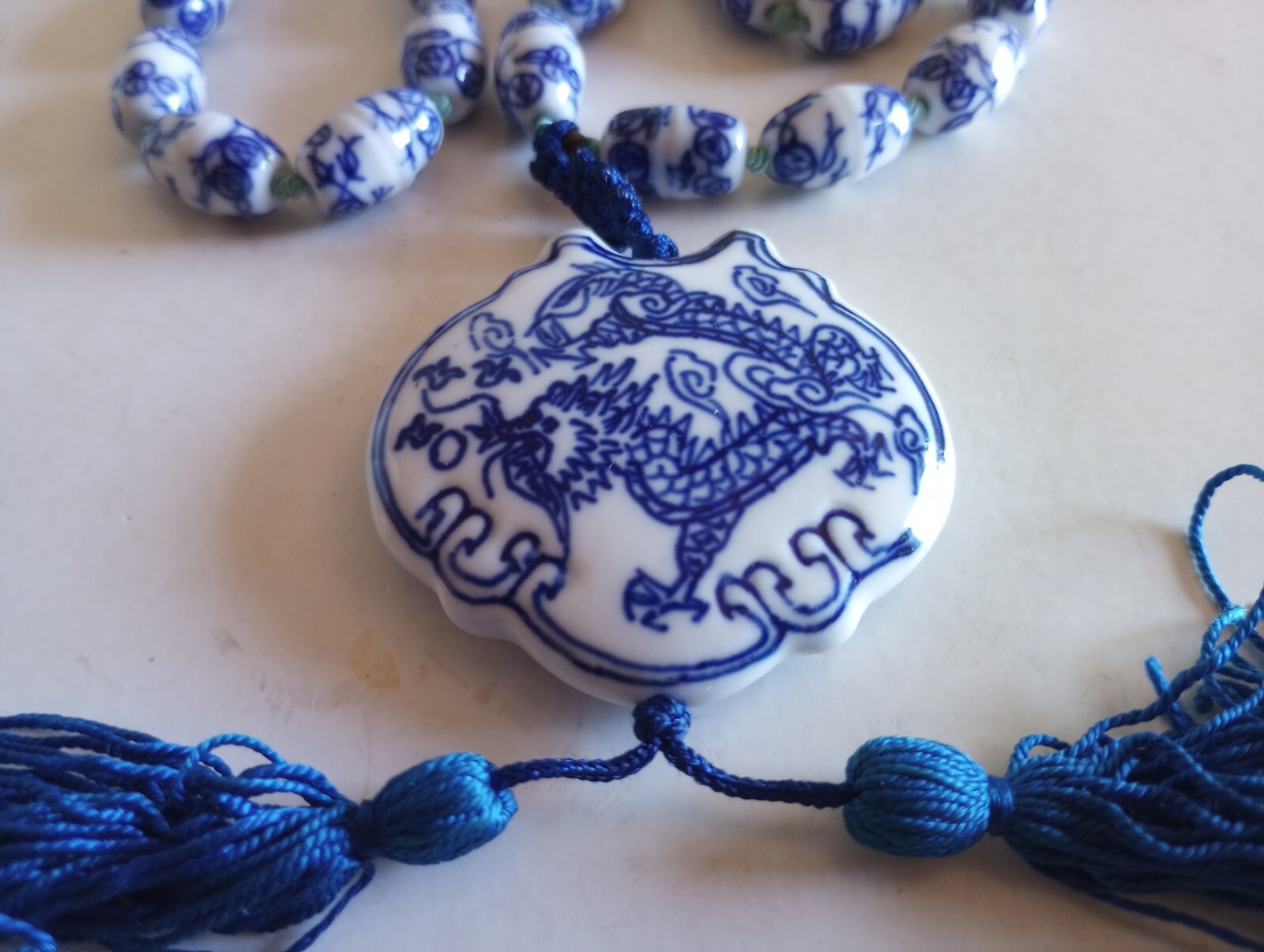 VINTAGE CHINESE PORCELAIN PAINTED FLOWERS DRAGON PENDANT 28 “SILK KNOTTED